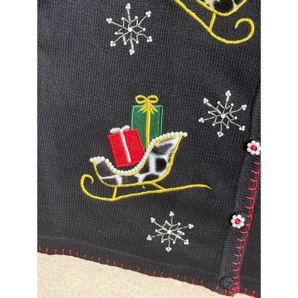 Christmas Sweater Embellished Pearls Sequin Black Animal Print Sleighs Sz Large - Picture 8 of 10